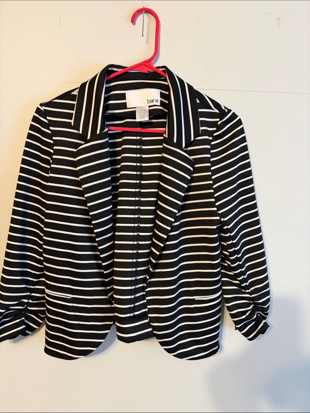 Bar III Black and White Striped Open-Front Blazer. Gathered sleeve. Med.